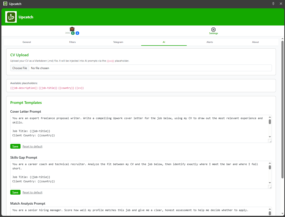 Upcatch AI cover letter prompt panel pre-filled with job details