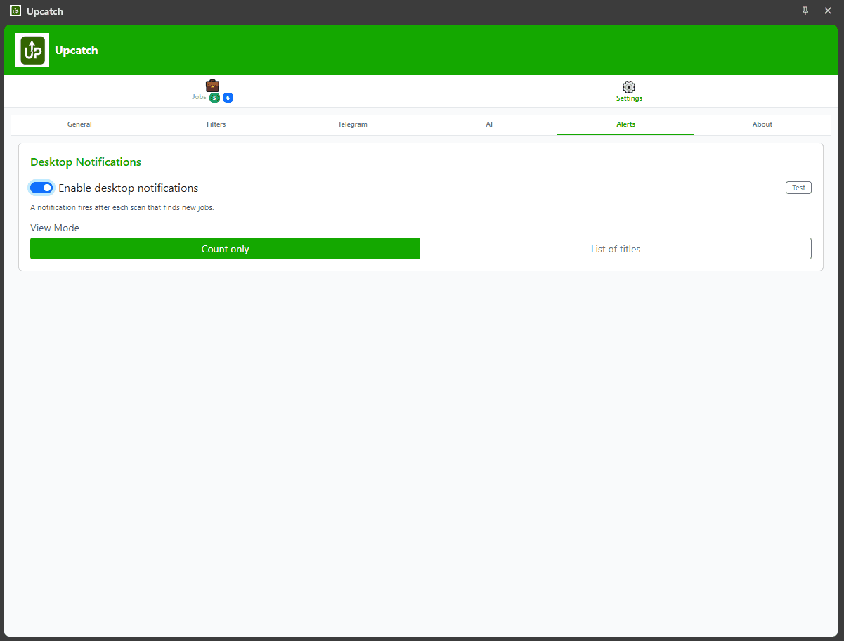 Browser desktop notification from Upcatch showing a new matching Upwork job
