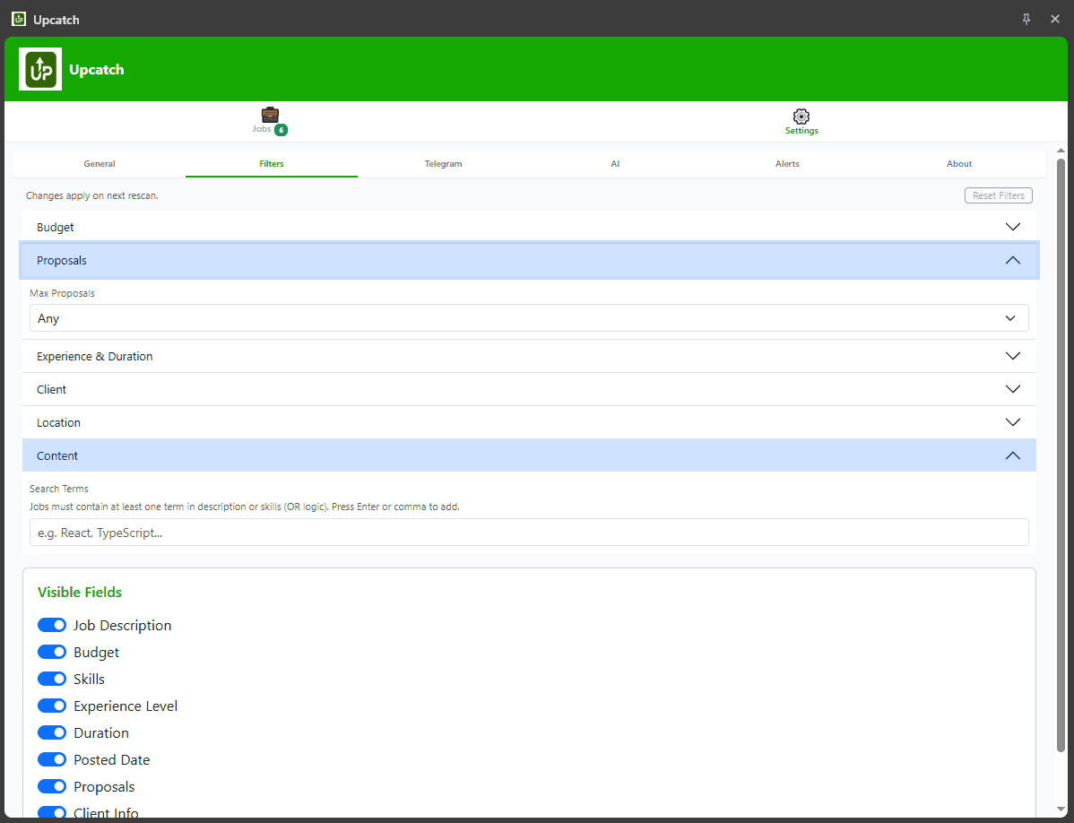 Upcatch job filter controls showing keyword and budget filters