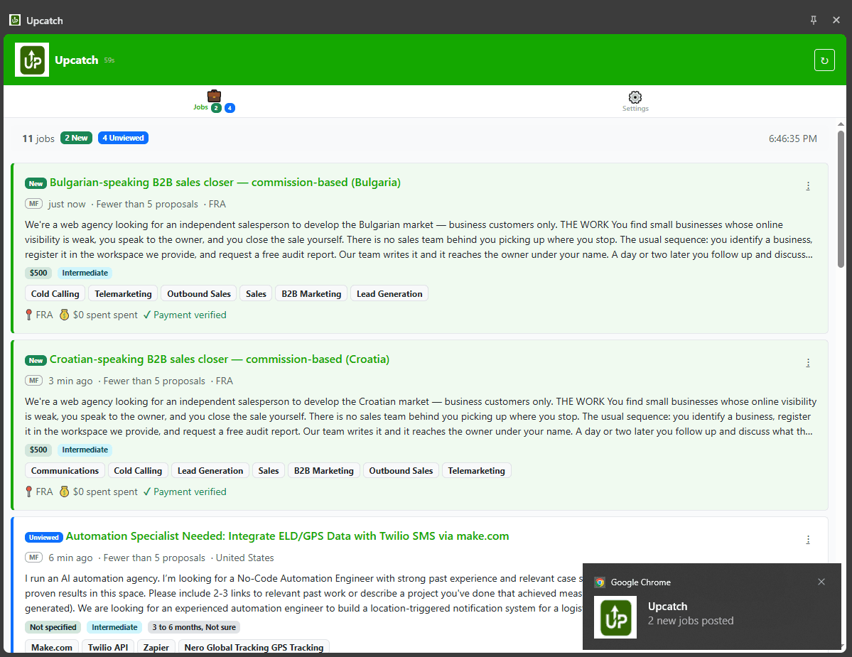 Upcatch extension panel showing alert settings with no login UI
